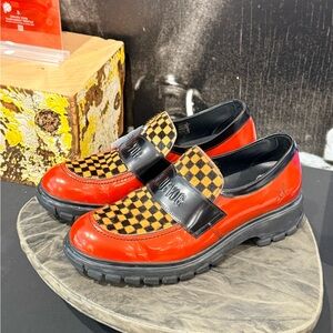 John Fluevog Red and Black Checkered Loafers